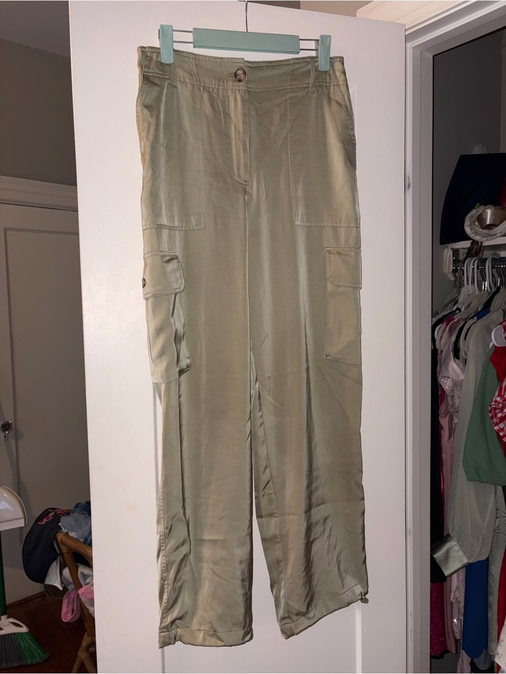 Joie Satin-Like Wide Leg Cargo Pants in Olive
